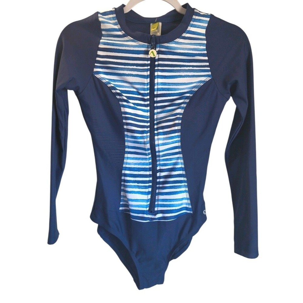 New! NEXT Earth Stripe One-Piece Swimsuit Blue Zip Front medium beach vacation
